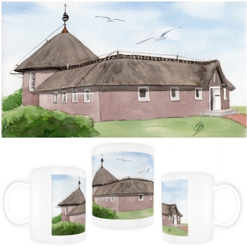 Tasse Becher Kaffeebecher Aquarell Maritim Kunst Druck Kunstdruck Nordsee Insel Baltrum Kirche